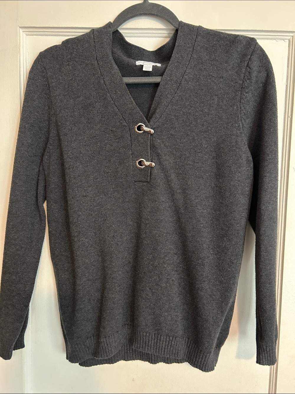 Charter Club Charcoal Gray V-Neck Sweater with Grommet Detail